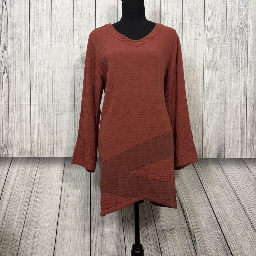 Kleen Women's Small Terracotta Brown Long Sleeve Cotton Tunic Coastal Lagenlook